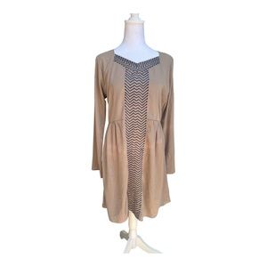 Artizara Medium Light Brown and Blue Embroidered Long Sleeve Dress